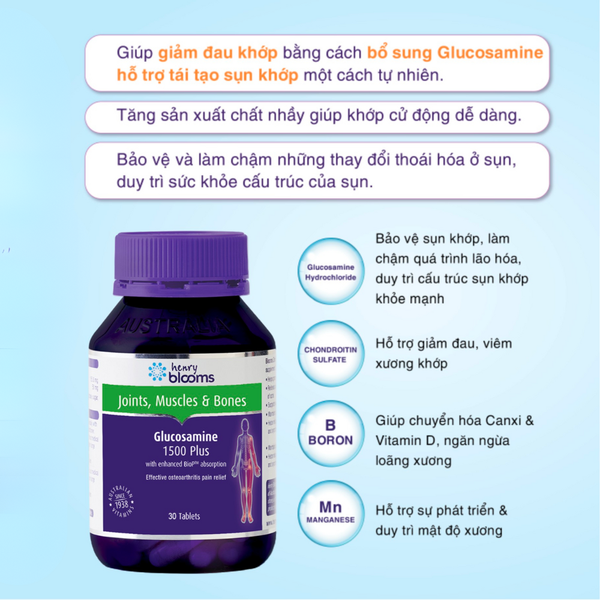 Henry Blooms Viên Uống Hỗ Trợ Sụn Khớp Glucosamine 1500 Plus 30 Viên