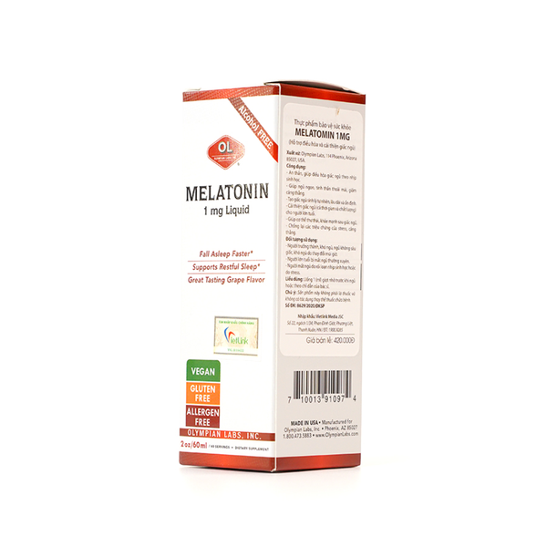 Olympian Labs Nước Uống Hỗ Trợ Mất Ngủ Melatonin Vegan (Thuần Chay) 1mg 60ml - Hạn Sử Dụng 30/04/2024