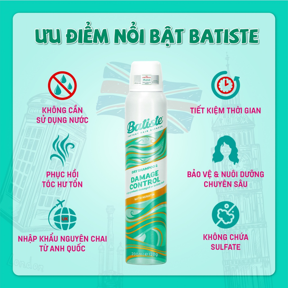 Batiste Dầu Gội Khô Dành Cho Tóc Hư Tổn Dry Shampoo Damage Control 200