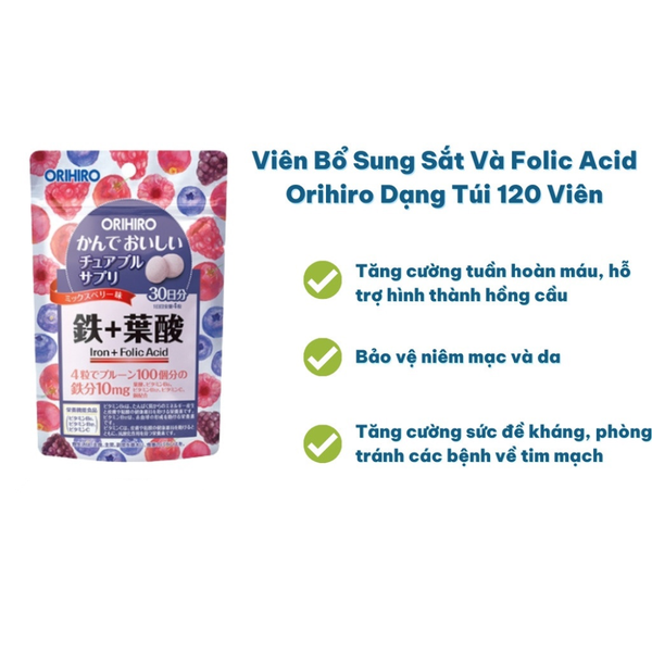 Orihiro Viên Bổ Sung Sắt Và Folic Acid Dạng Túi 120 Viên