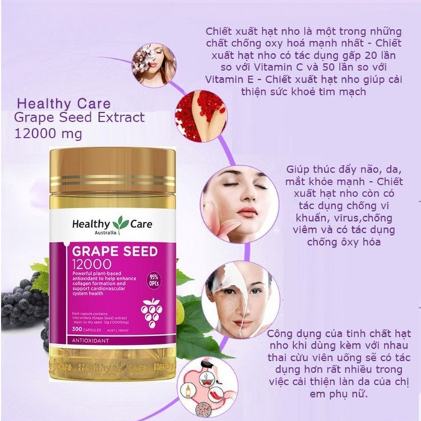 Healthy Care Viên Uống Bổ Máu Tinh Chất Hạt Nho Grape Seed 12000mg 300 Viên