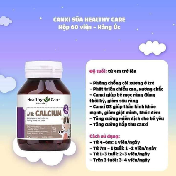 Healthy Care Milk Calcium Bổ Sung Canxi Cho Trẻ Trên 4 Tháng Tuổi 60 Viên