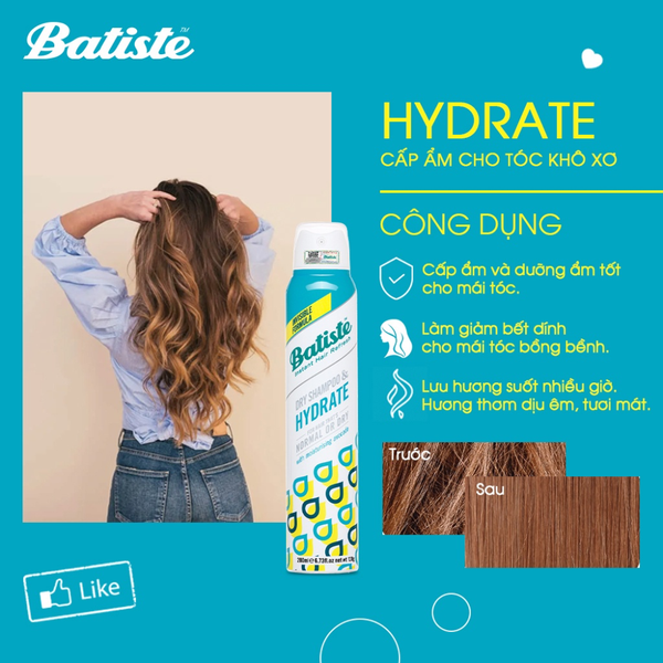 Batiste Dầu Gội Khô Cấp Ẩm Cho Tóc Khô Xơ Dry Shampoo & Hydrate 200ml