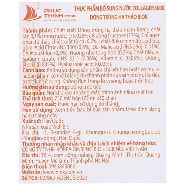 Biok Nước Uống Collagen 5000 Kết Hợp Đông Trùng Hạ Thảo 75ml