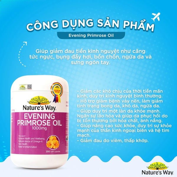 Nature’s Way Viên Uống Chiết Xuất Tinh Dầu Hoa Anh Thảo Chiều Primrose Oil 1000mg 200 Viên