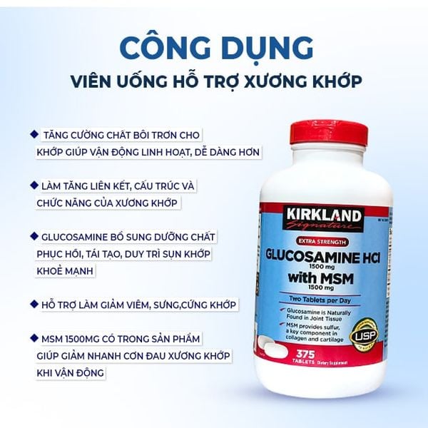 Combo Bảo Vệ Sụn Khớp - Kirkland Glucosamine HCL MSM 375 Viên, Dầu Lạnh Xoa Bóp Glucosamine 150ml