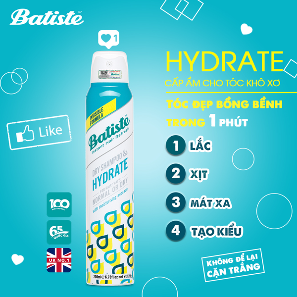 Batiste Dầu Gội Khô Cấp Ẩm Cho Tóc Khô Xơ Dry Shampoo & Hydrate 200ml