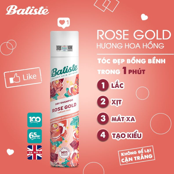 Batiste Dầu Gội Khô Hương Hoa Hồng Dry Shampoo Rose Gold Radiant Rose 200ml