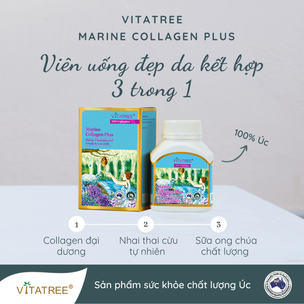 Vitatree Viên Uống Collagen 3 Trong 1, Kết Hợp Sữa Ong Chúa, Nhau Thai Cừu Marine Collagen Plus 100 Viên