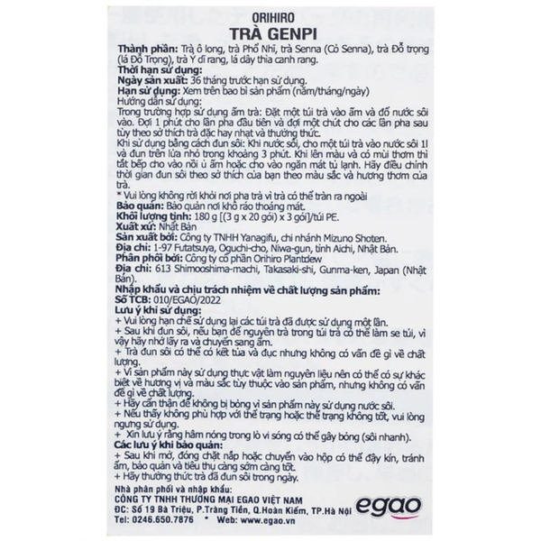 Orihiro Trà Hỗ Trợ Giảm Mỡ Bụng Genpi 60 Gói