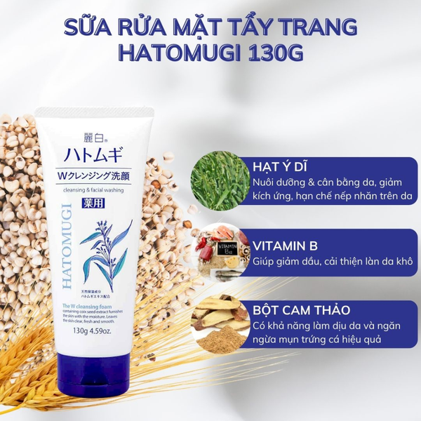 Hatomugi Sữa Rửa Mặt Tẩy Trang Chiết Xuất Ý Dĩ The W Cleansing Foam 130g