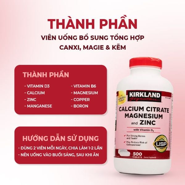 Kirkland Viên Uống Bổ Sung Tổng Hợp Canxi, Magie & Kẽm Signature Calcium Citrate Magnesium And Zinc 500 Viên