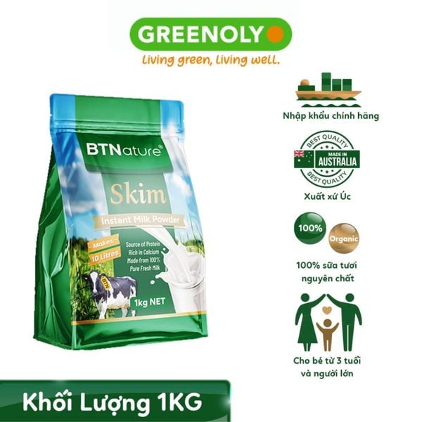 BTNature Sữa Bột Tách Béo Skim Instant Milk Powder Túi 1kg