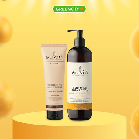 Combo Sukin Tẩy Da Cà Phê 200ml, Lotion Dưỡng Ẩm Dừa Dứa 500ml