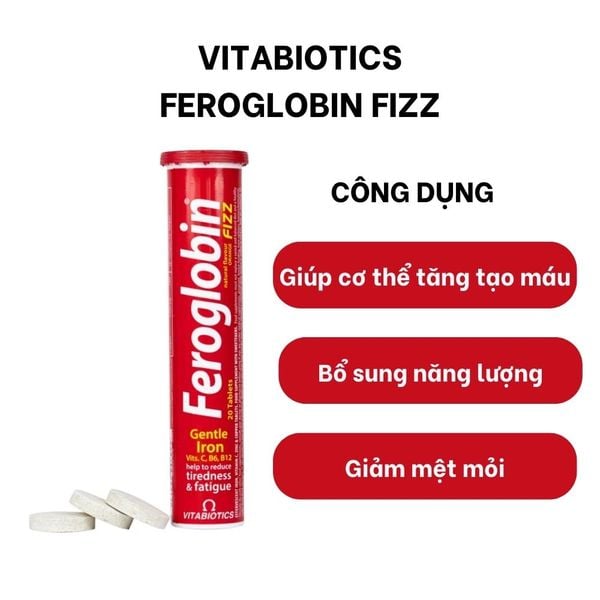 Vitabiotics Viên Nén Sủi Vị Cam Feroglobin Fizz Giúp Cơ Thể Tăng Tạo Máu, Tăng Năng Lượng, Giảm Mệt Mỏi Ống 20 viên