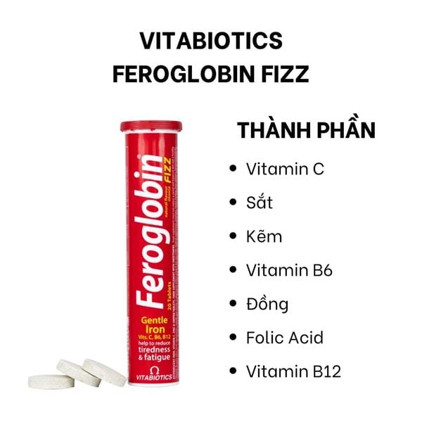 Vitabiotics Viên Nén Sủi Vị Cam Feroglobin Fizz Giúp Cơ Thể Tăng Tạo Máu, Tăng Năng Lượng, Giảm Mệt Mỏi Ống 20 viên