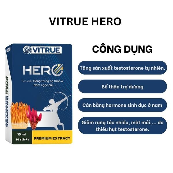 Vitrue Hero Tinh Chất Đông Trùng Hạ Thảo Và Nấm Ngọc Cầu Bổ Sung Nội Tiết Tố Nam Hộp 14 Gói