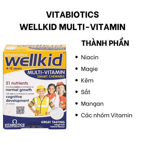 Vitabiotics Viên Nhai Vị Trái Cây Tăng Cường Sức Khỏe, Đề Kháng Cho Trẻ Wellkid Multi-Vitamin Hộp 30 viên