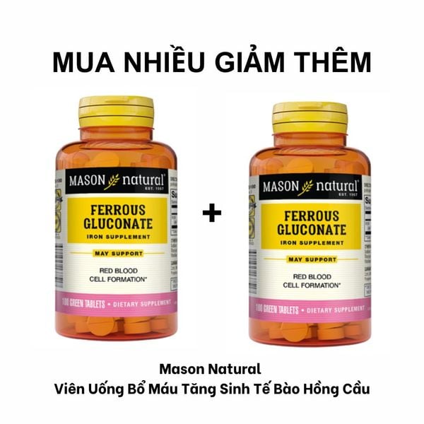 Mason Natural Viên Uống Bổ Máu Tăng Sinh Tế Bào Hồng Cầu Ferrouse Gluconate Iron Supplement 100 viên