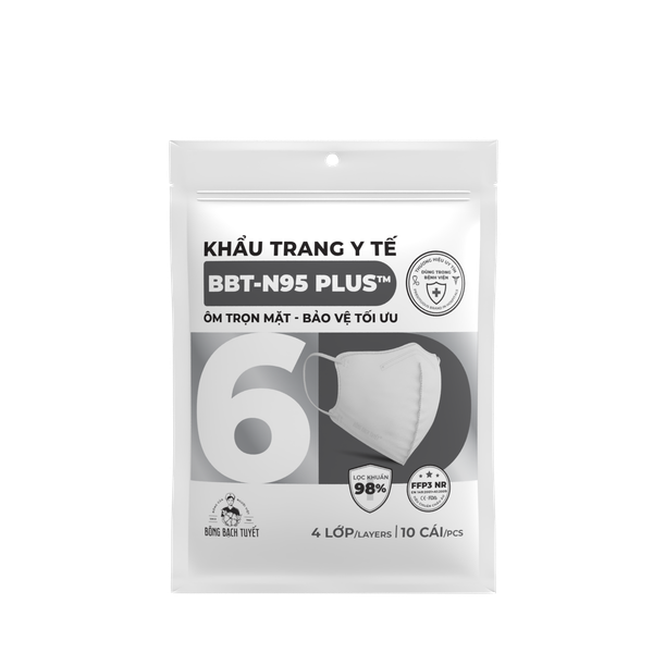 Bông Bạch Tuyết Khẩu Trang 6D N95 PLUS Trắng 4 Lớp Túi 10 Cái - Quà Tặng