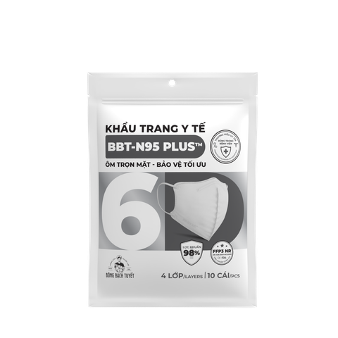 Bông Bạch Tuyết Khẩu Trang 6D N95 PLUS Trắng 4 Lớp Túi 10 Cái - Quà Tặng