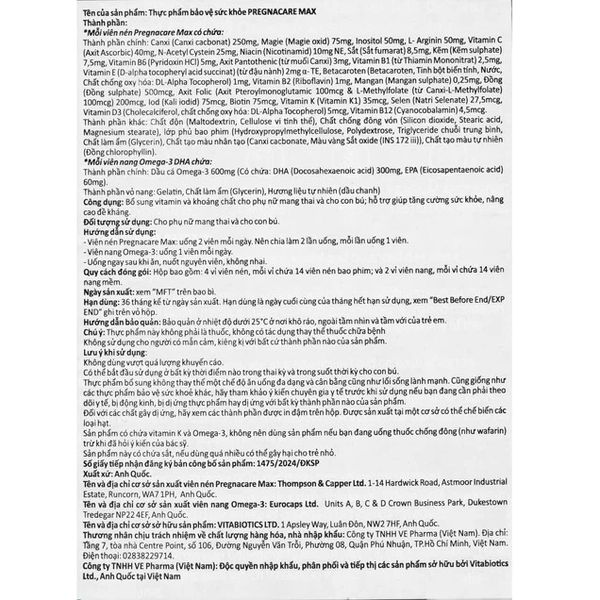 Vitabiotics Viên Uống Pregnacare Max Omega 3 DHA Cung Cấp Vitamin Và Khoáng Chất Cho Phụ Nữ Mang Thai 84 Viên (chính hãng)