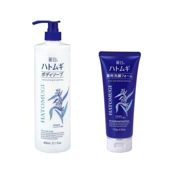 Combo Trắng Da Toàn Thân - Hatomugi Sữa Tắm Moisturizing & Washing Dưỡng Ẩm & Trắng Da Kumano Chiết Xuất Ý Dĩ 800ml & Hatomugi Sữa Rửa Mặt Ngừa Mụn, Làm Sáng Da The Medicated Facial Foam 130g