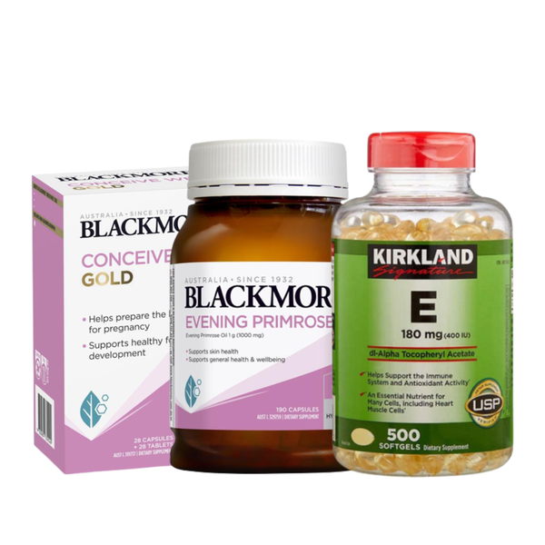 Combo Bổ Trứng, Tăng Khả Năng Thụ Thai - Blackmores Hoa Anh Thảo, Conceive Well Gold, Kirkland Vitamin E