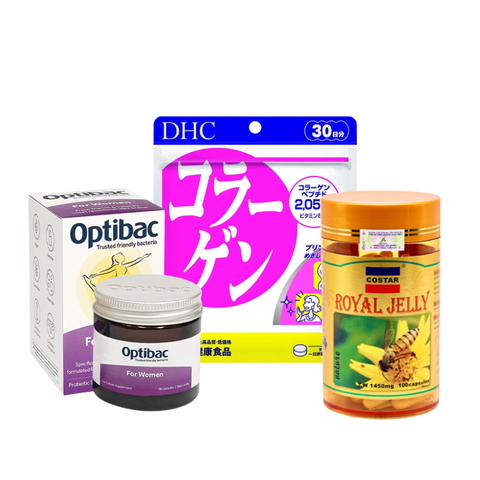 Combo DHC Collagen, Optibac 30 Viên Và Costar Sữa Ong Chúa Hỗ Trợ Điều Hòa Nội Tiết, Hệ Vi Sinh Cho Nữ