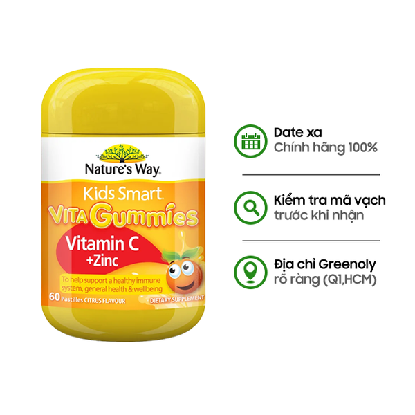 Nature's Way Kẹo Dẻo Bổ Sung Vitamin C & Kẽm Cho Bé Kids Smart Vita Gummies Vị Cam 60 Viên