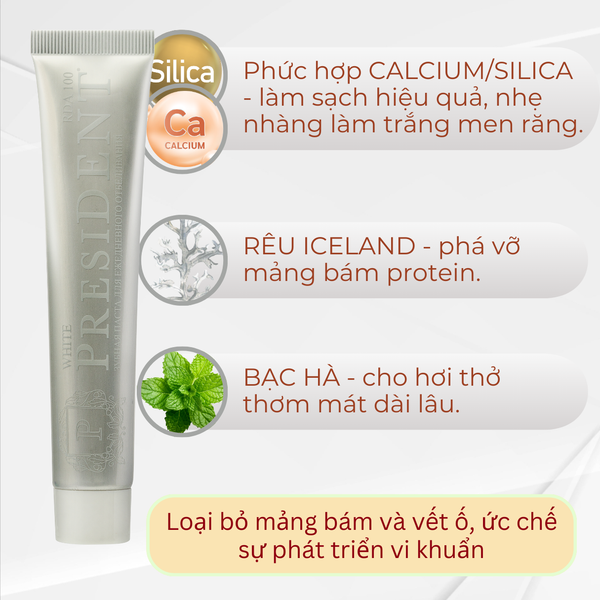 President Kem Đánh Răng Trắng White 100 RDA Chứa Địa Y Làm Trắng Răng Hàng Ngày Và Ngăn Ngừa Sâu Răng 75g