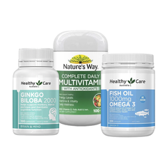Combo Hỗ Trợ Sức Khỏe Toàn Diện Healthy Care Ginkgo, Healthy Care Dầu Cá & Nature's Way Multivitamin