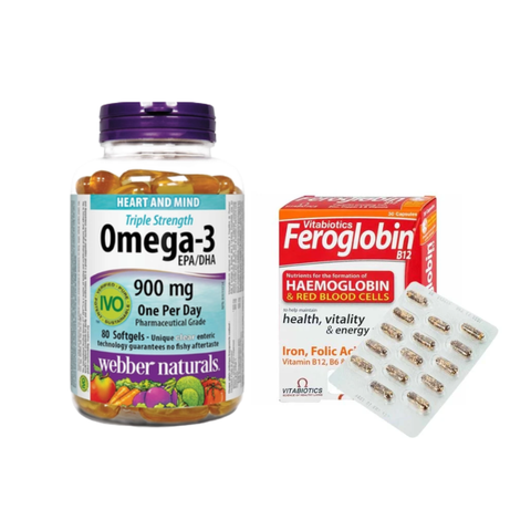Combo Hỗ Trợ Giảm Đau Bụng Kinh, Bổ Sung Máu Não Và Sắt Hồng Cầu Webber Omega 3 & Vitabiotics Feroglobin B12