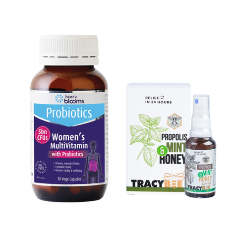 Combo Tăng Đề Kháng, Bổ Sung Vitamin Tổng Hợp, Bảo Vệ Hệ Hô Hấp Cho Nữ Henry Blooms Women & Tracybee Xịt Keo Ong Bạc Hà