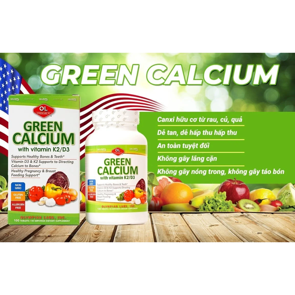 Olympian Labs Viên Uống Bổ Sung Canxi Hữu Cơ Cho Bà Bầu và Cho Con Bú Green Calcium 100 viên