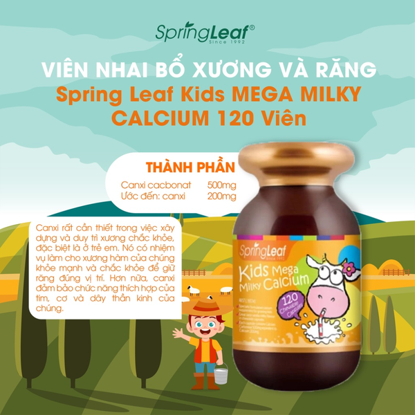 SpringLeaf Viên Nhai Bổ Sung Canxi Cho Bé Premium Kids Mega Milky Calcium 120 Viên