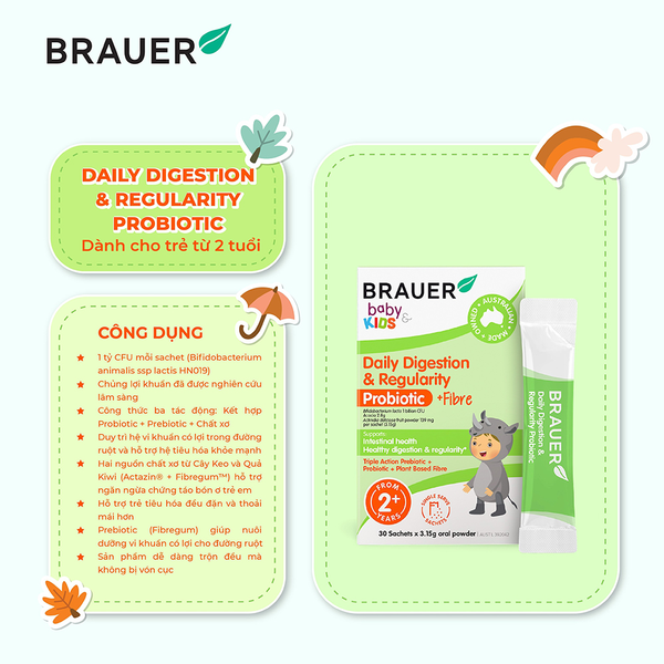 Brauer Bột Hỗ Trợ Tiêu Hóa Cho Trẻ Từ 2 Tuổi Daily Digestion & Fibre 30 Gói - Hạn Sử Dụng 30/09/2024