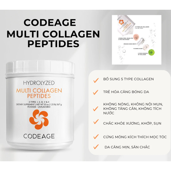 Codeage Bột Collagen Hỗ Trợ Chống Lão Hóa Da Hydrolyzed Multi Collagen 567g