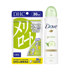 Combo DHC Melilot Hỗ Trợ Thon Chân Gọn Đùi 30 Ngày, Dove Xịt Khử Mùi Dưỡng Da Mềm Mịn Cho Nữ 150ml