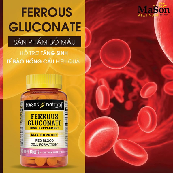 Mason Natural Viên Uống Bổ Máu Tăng Sinh Tế Bào Hồng Cầu Ferrouse Gluconate Iron Supplement 100 viên