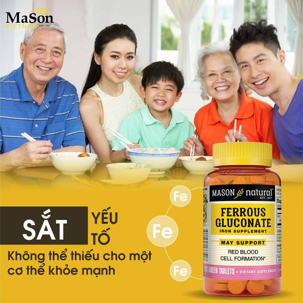 Mason Natural Viên Uống Bổ Máu Tăng Sinh Tế Bào Hồng Cầu Ferrouse Gluconate Iron Supplement 100 viên