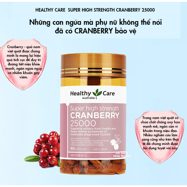 Healthy Care Viên Nang Uống Chiết Xuất Mạn Việt Quất 25000mg Super Cranberry 90 Viên