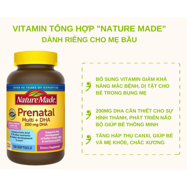 Viên Uống Bổ Sung Vitamin và DHA Mẹ Bầu Nature Made Prenatal Folic Acid + DHA 200mg Mỹ 150 Viên