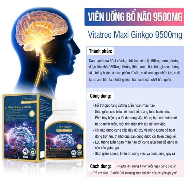 Vitatree Viên Uống Tăng Tuần Hoàn Máu Não Maxi Ginkgo 9500mg 60 Viên