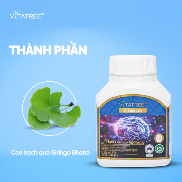 Vitatree Viên Uống Tăng Tuần Hoàn Máu Não Maxi Ginkgo 9500mg 60 Viên