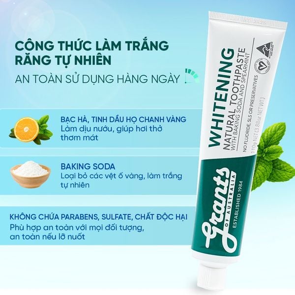 Grants of Australia Kem Đánh Răng Chiết Xuất Baking Soda, Bạc Hà 110g