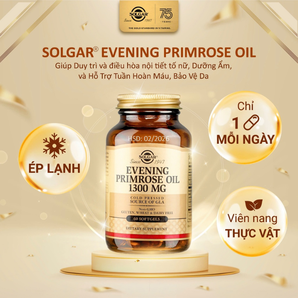 Solgar Viên Uống Tinh Dầu Hoa Anh Thảo Evening Primrose Oil 1300 Mg Cân Bằng Nội Tiết 60 Viên