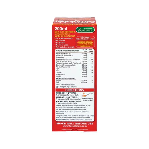 Vitabiotics Siro Bổ Sung Săt Hồng Cầu Hỗ Trợ Tăng Tạo Máu, Nâng Cao Sức Đề Kháng Feroglobin B12 Chai 200ml