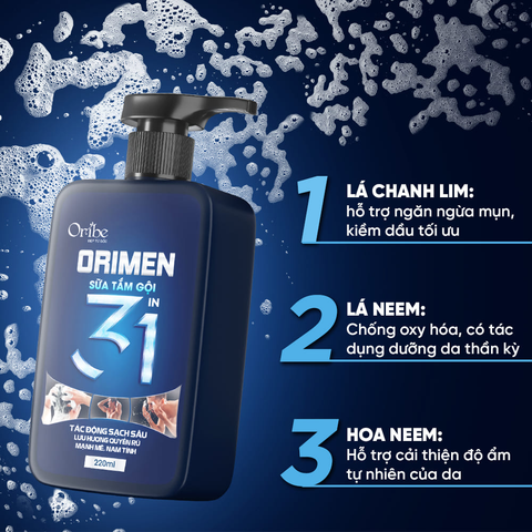 Orimen Sữa Tắm Gội 3 in 1 Cho Nam Hương Quyến Rũ Mạnh Mẽ 220ml - Quà Tặng