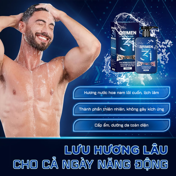 Orimen Sữa Tắm Gội 3 in 1 Cho Nam Hương Quyến Rũ Mạnh Mẽ 220ml
